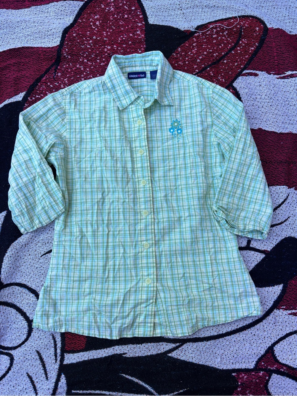 LIMITED TOO BLUE GREEN EMBROIDERED FLOWER BUTTON DOWN GIRLS SHIRT SIZE LARGE 14